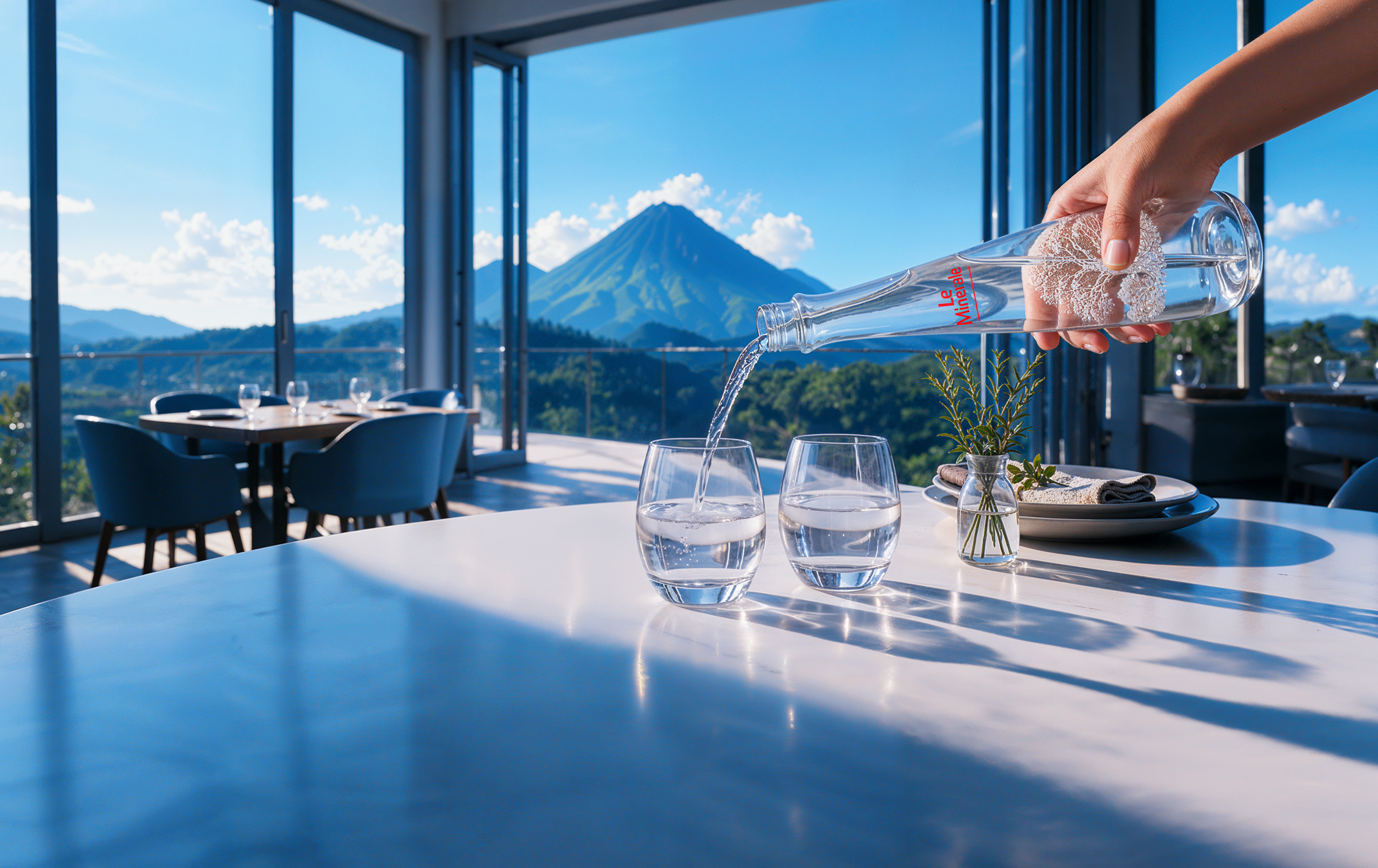 Le Minerale glass bottle pouring water at an elegant table overlooking the mountain