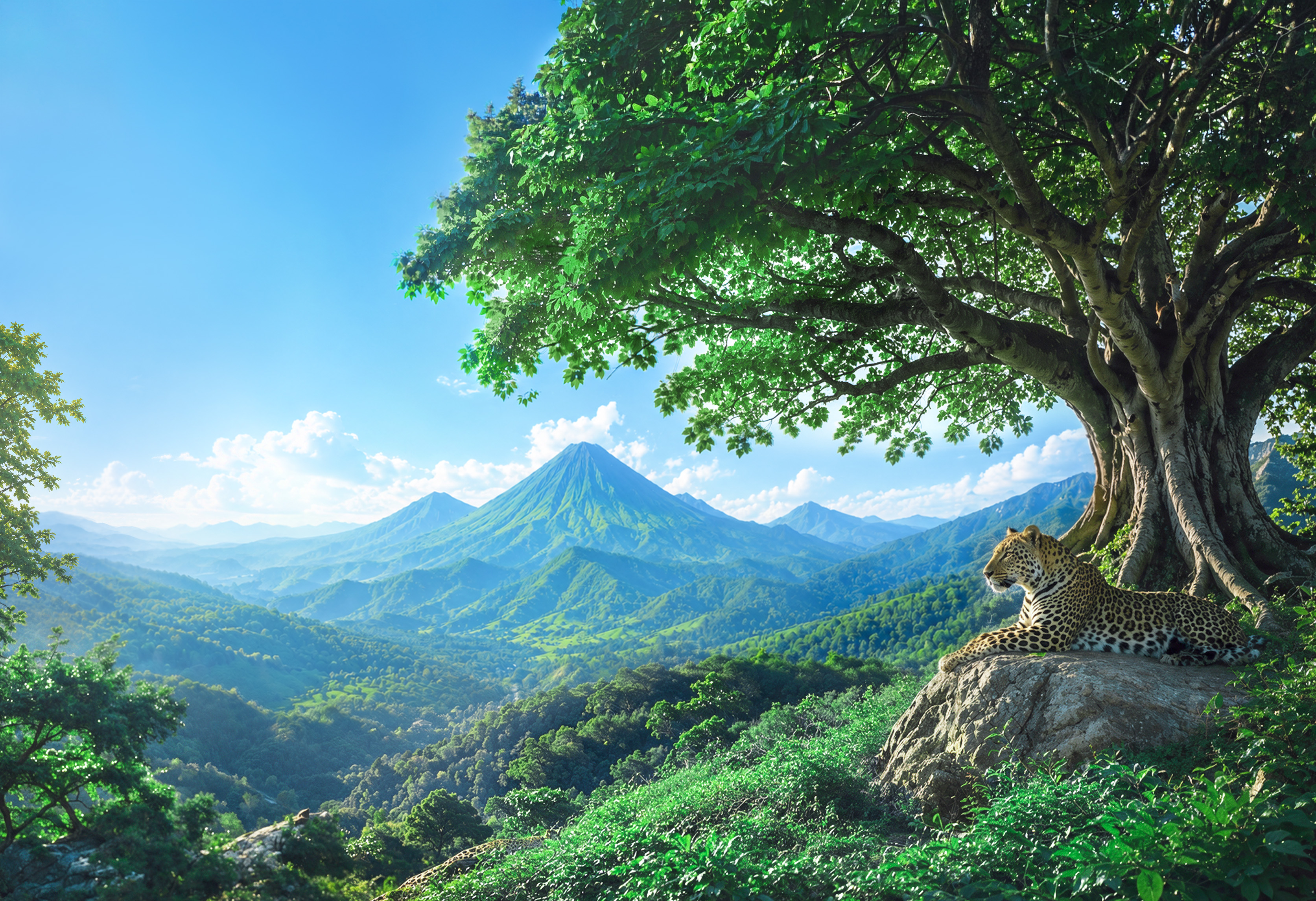 Leopard resting under a fig tree in a mountain landscape