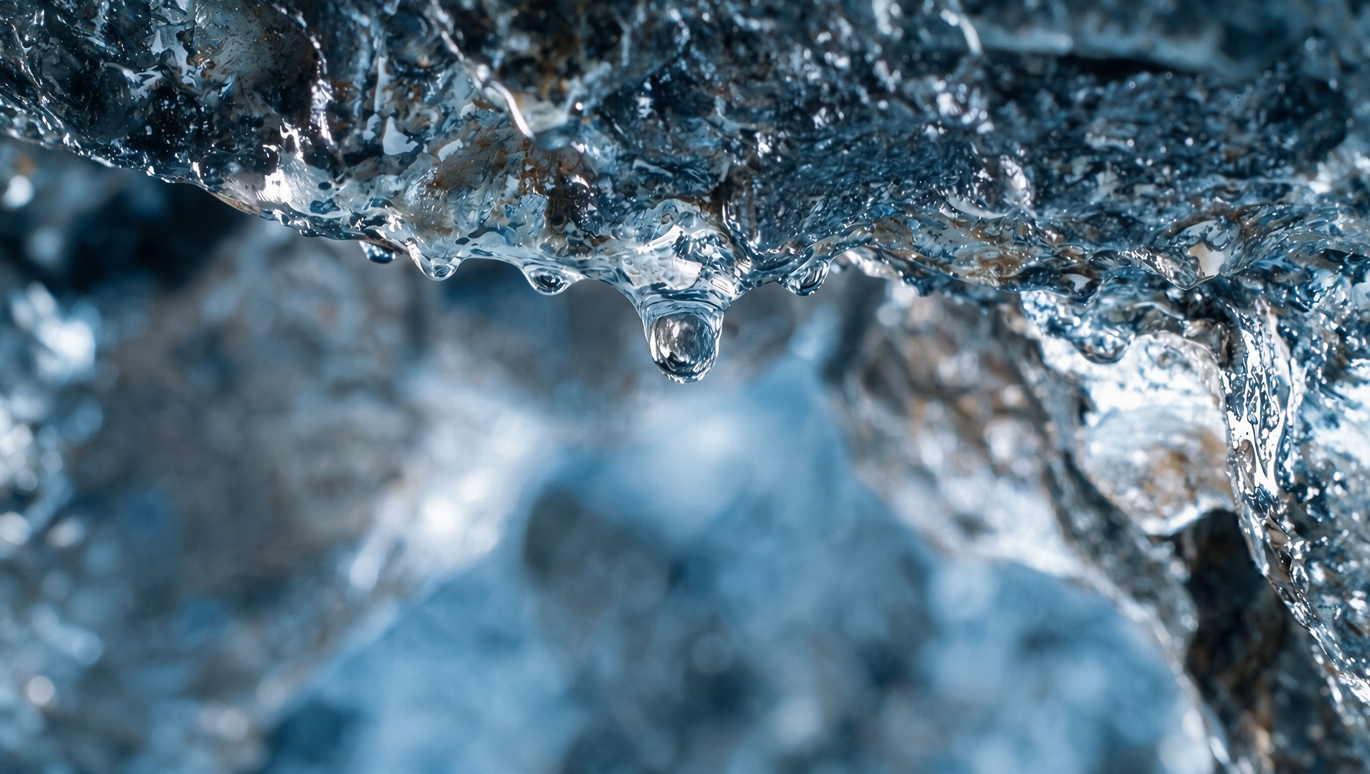 A water droplet forming below mineral rock